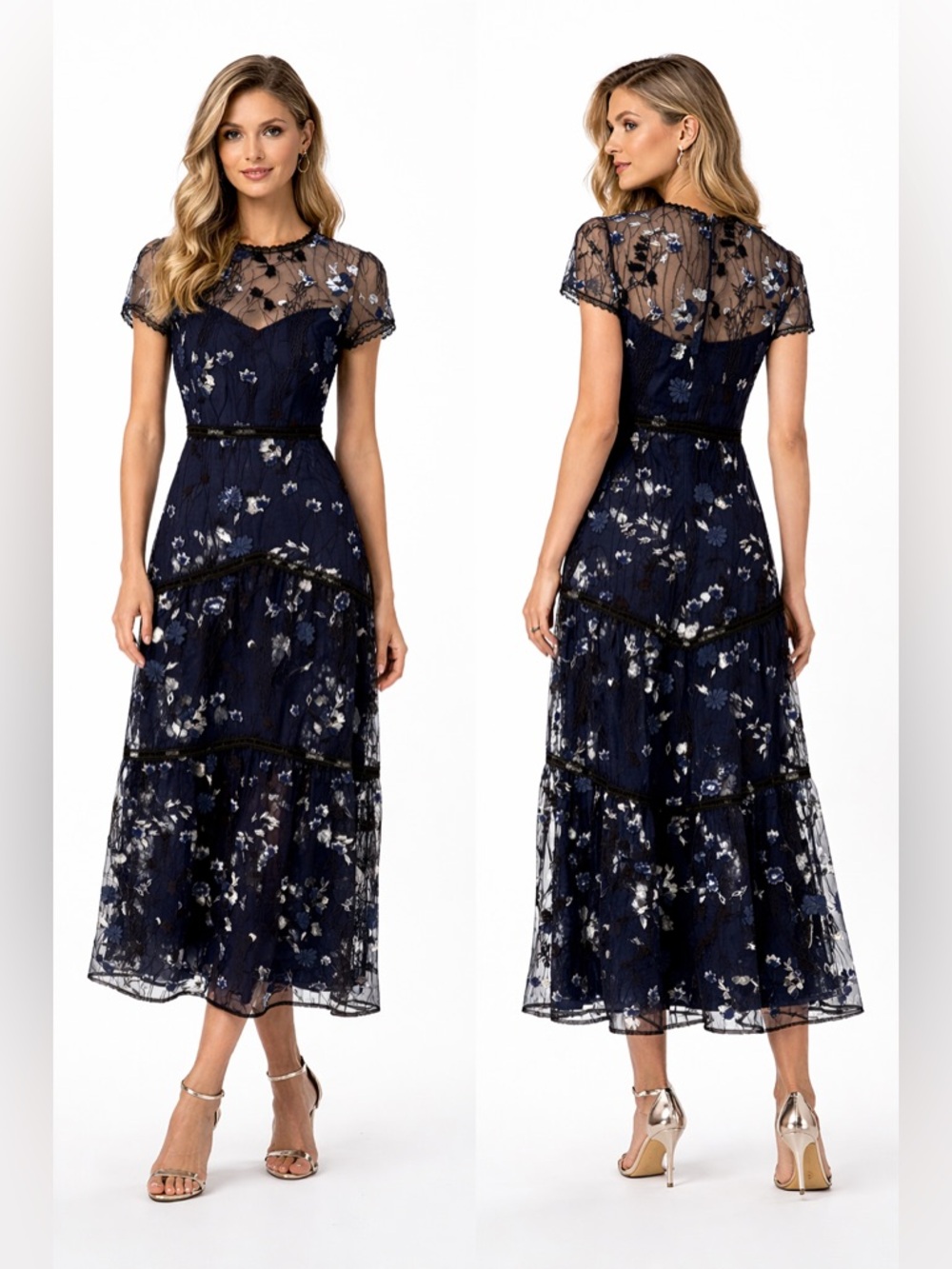 Monique Lhuillier Navy Blue Floral Embroidered Lace Midi Evening Cocktail Dress